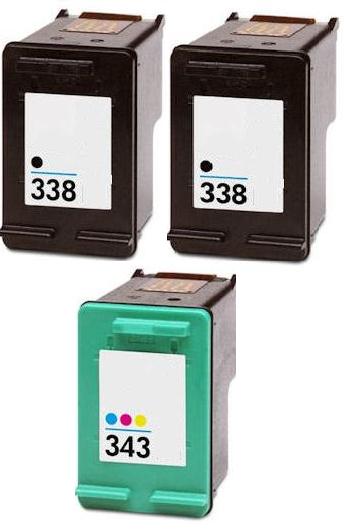 2 x Remanufactured HP 338 (C8765EE) High Capacity Black and 1 x Remanufactured HP 343 (C8766EE) High Capacity Colour Ink Cartridges